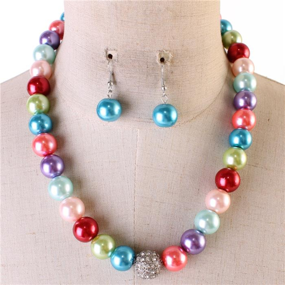 Multi color Glass faux Pearl Necklace earring set